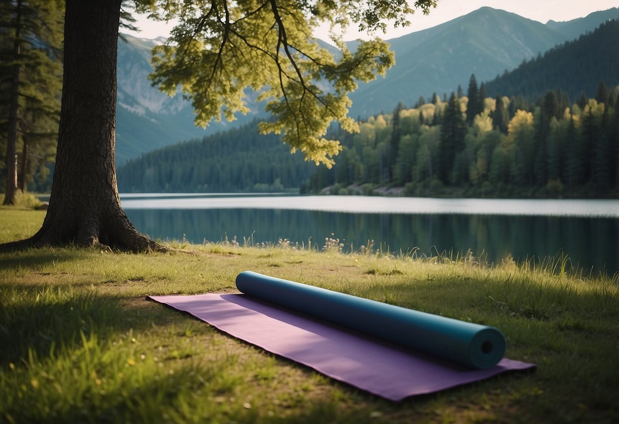 A serene mountain lake reflects the vibrant colors of surrounding trees, with a yoga mat laid out on the grassy shore, inviting practitioners to connect with nature in this peaceful outdoor yoga spot