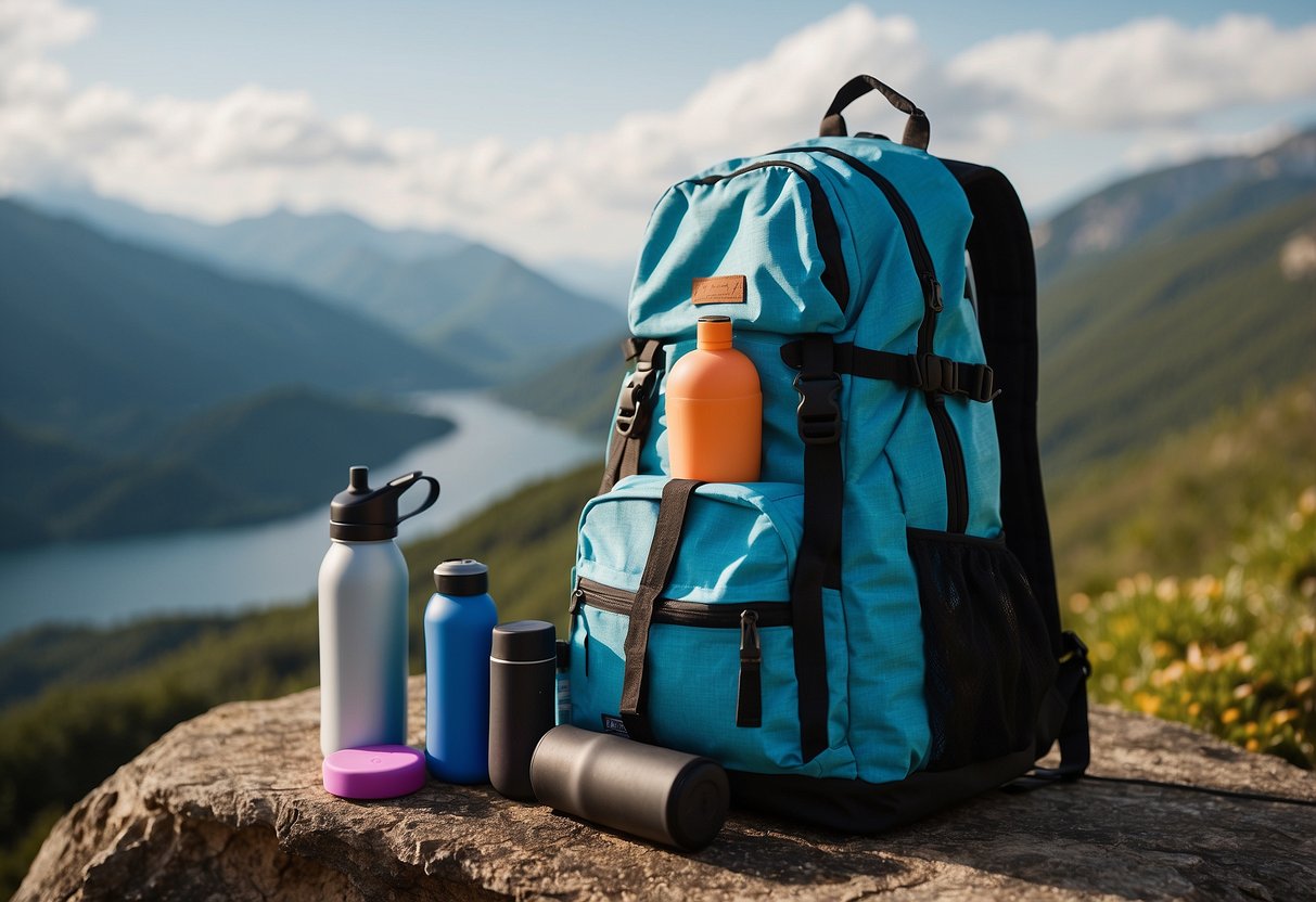 A backpack filled with yoga mat, water bottle, sunscreen, and clothes. A checklist with items ticked off. A serene outdoor setting with mountains in the background