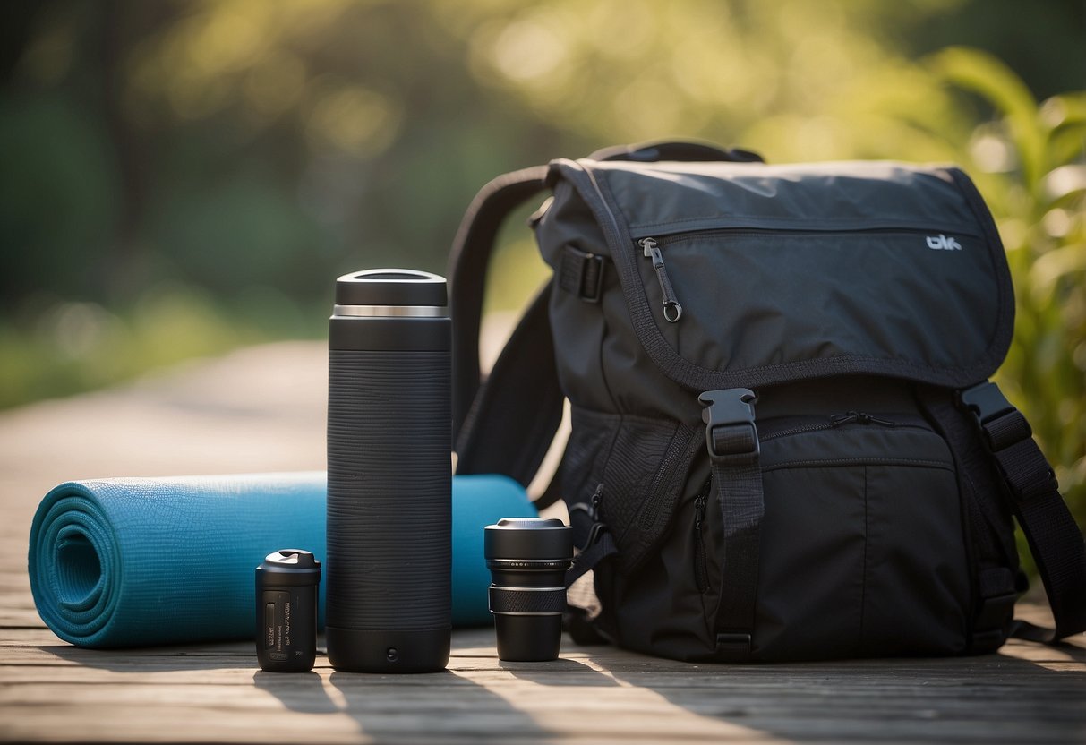 A compact yoga mat lies neatly folded next to a backpack filled with neatly packed essentials for an outdoor yoga trip