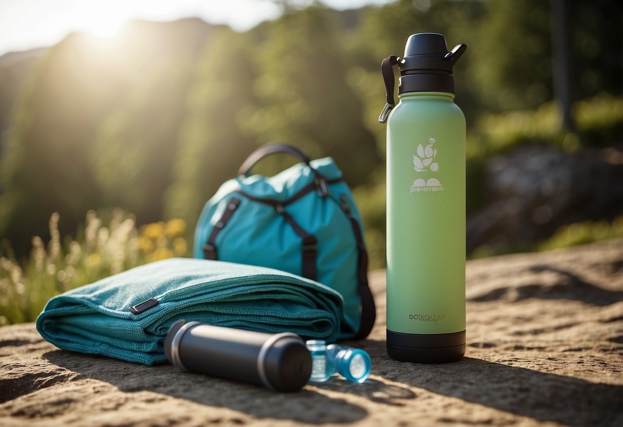 A reusable water bottle sits next to a yoga mat, sunscreen, and a packed bag. The bag is efficiently packed with rolled-up clothes and neatly organized essentials for an outdoor yoga trip