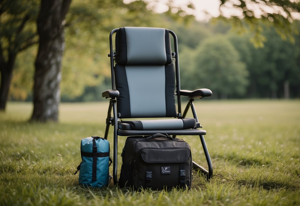 A portable yoga chair sits on a grassy field surrounded by trees. Nearby, a backpack is packed neatly with yoga essentials