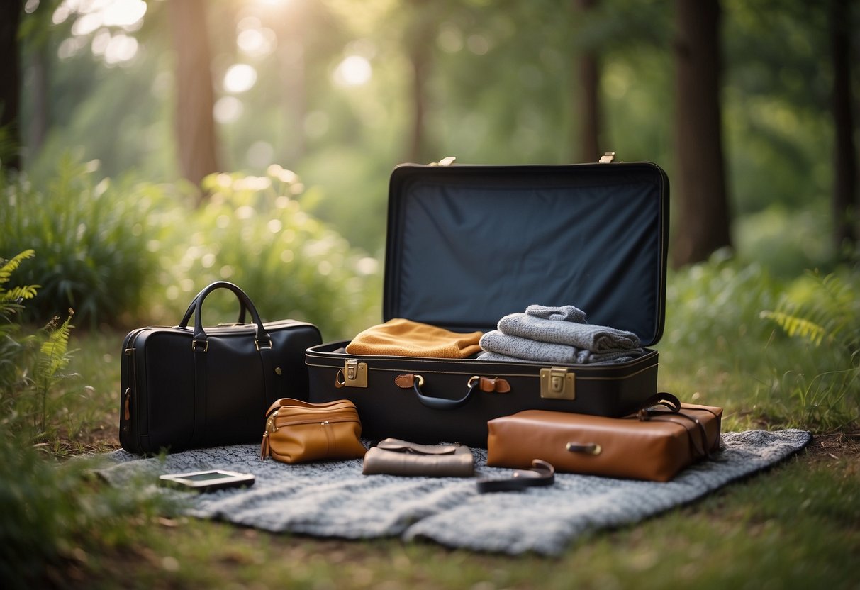 A serene outdoor yoga setting with a suitcase packed neatly with breathable yoga pants and other essentials, surrounded by nature and a peaceful atmosphere