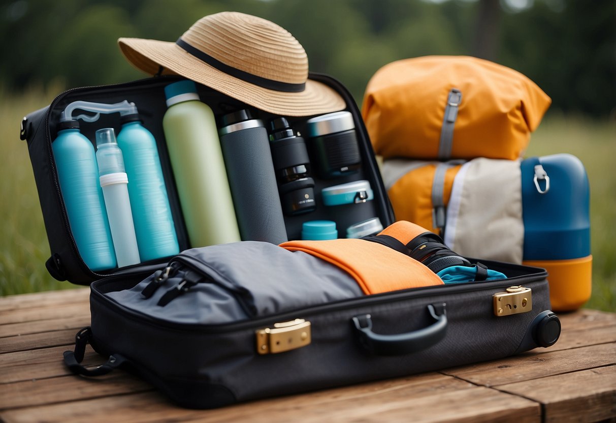 A suitcase packed with yoga mat, water bottle, sunscreen, hat, and lightweight clothing for an outdoor yoga trip