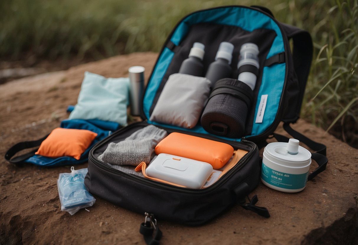 A compact first aid kit sits next to neatly packed yoga gear in a backpack, surrounded by outdoor essentials. The scene is organized and efficient, with everything ready for a safe and enjoyable outdoor yoga trip