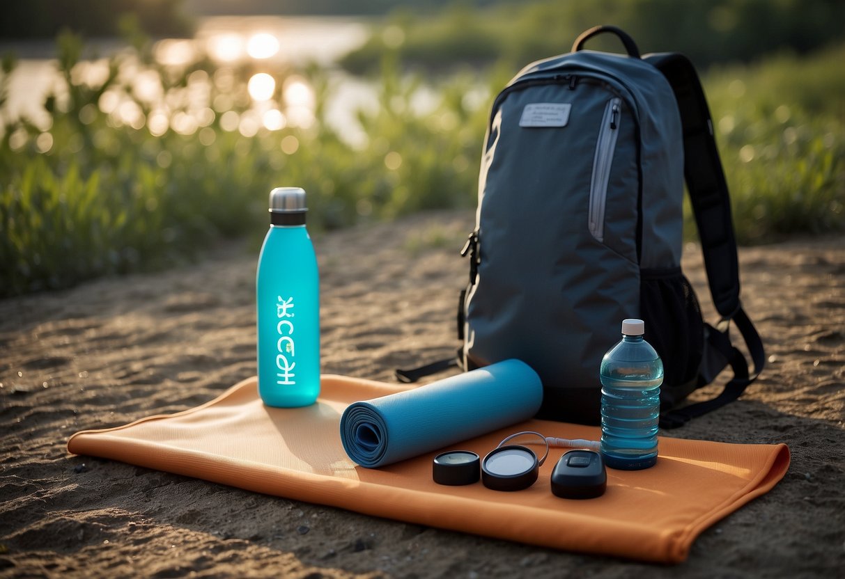 A backpack open on the ground, filled with neatly rolled yoga mat, water bottle, sunscreen, and a change of clothes. A checklist with "yoga mat, water, sunscreen, clothes" written on it