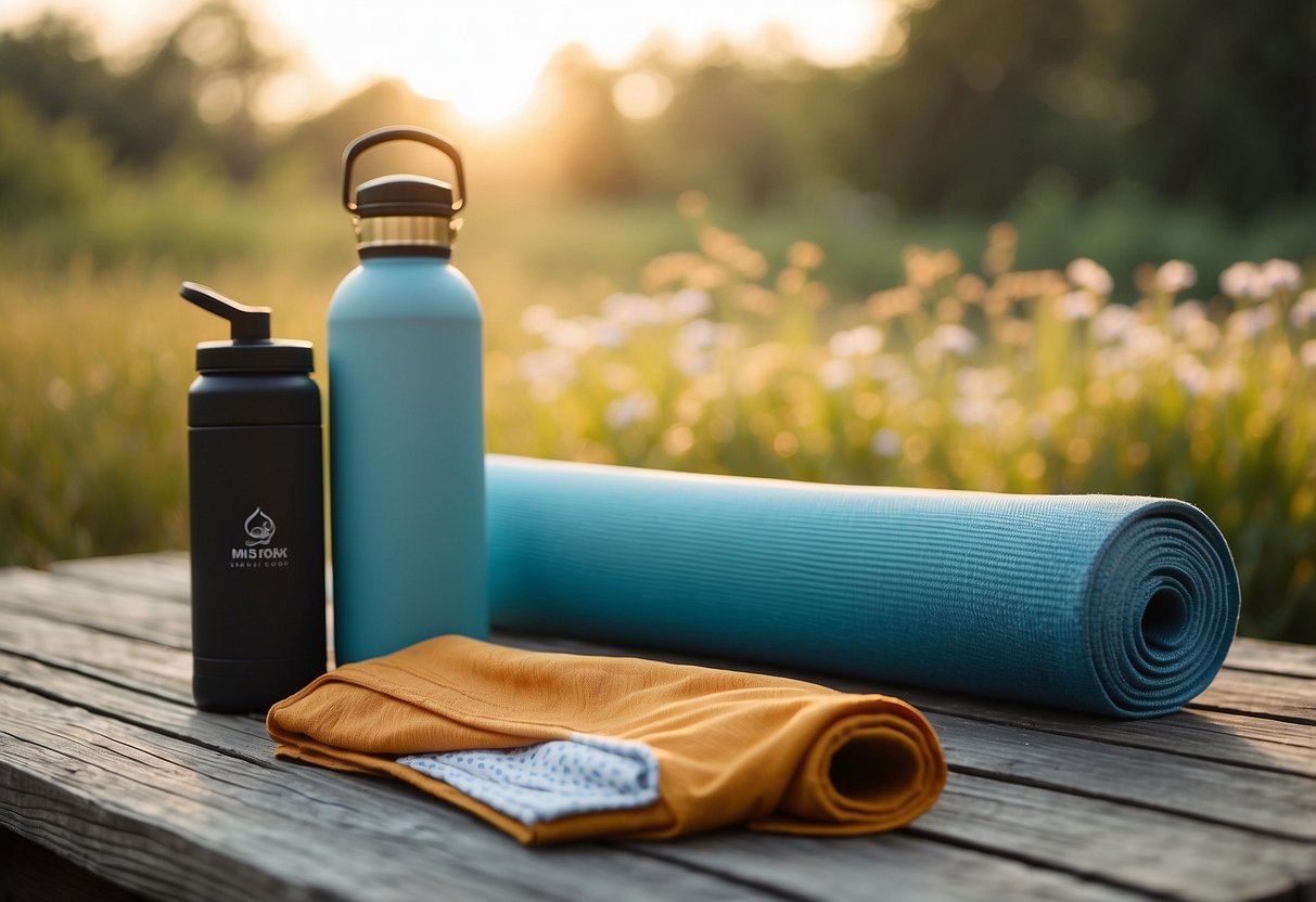 A serene outdoor setting with a yoga mat, lightweight breathable yoga pants, a tank top, a sun hat, and a water bottle