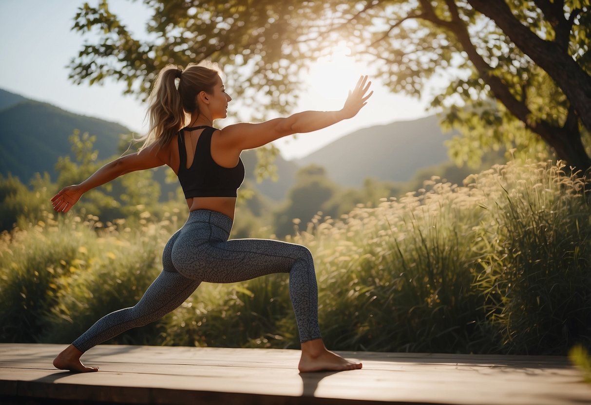 A serene outdoor yoga session with a woman wearing Girlfriend Collective FLOAT Leggings, surrounded by nature and sunlight