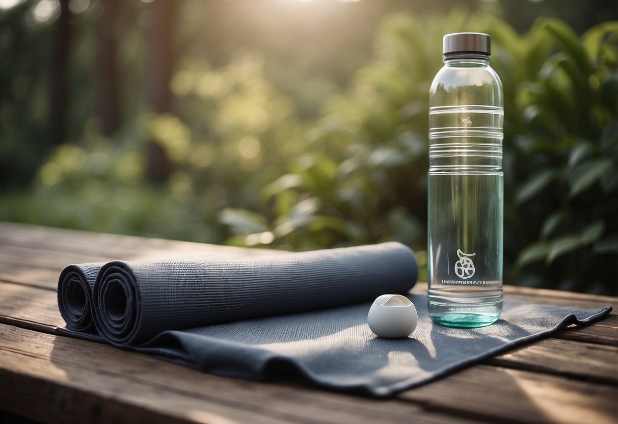 A serene outdoor setting with a yoga mat, surrounded by nature. A light, breathable yoga top and leggings are laid out, along with a water bottle and a sun hat