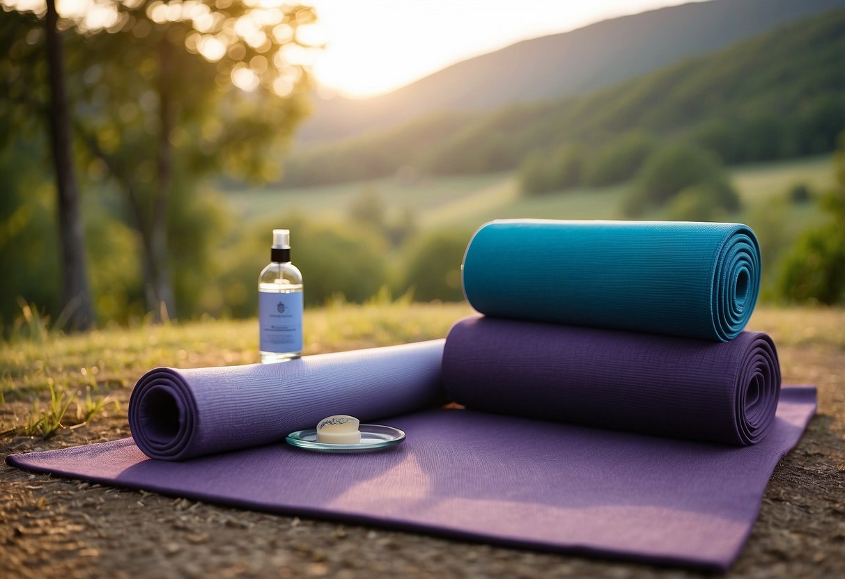 A serene outdoor setting with a yoga mat, lightweight yoga apparel, and care products neatly arranged on the ground