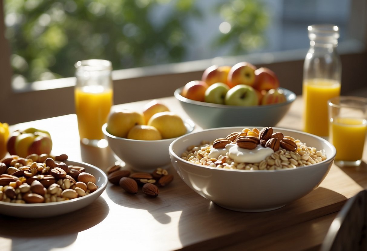 A table set with fruits, nuts, oatmeal, and yogurt. Sunlight streams through a window onto the breakfast spread