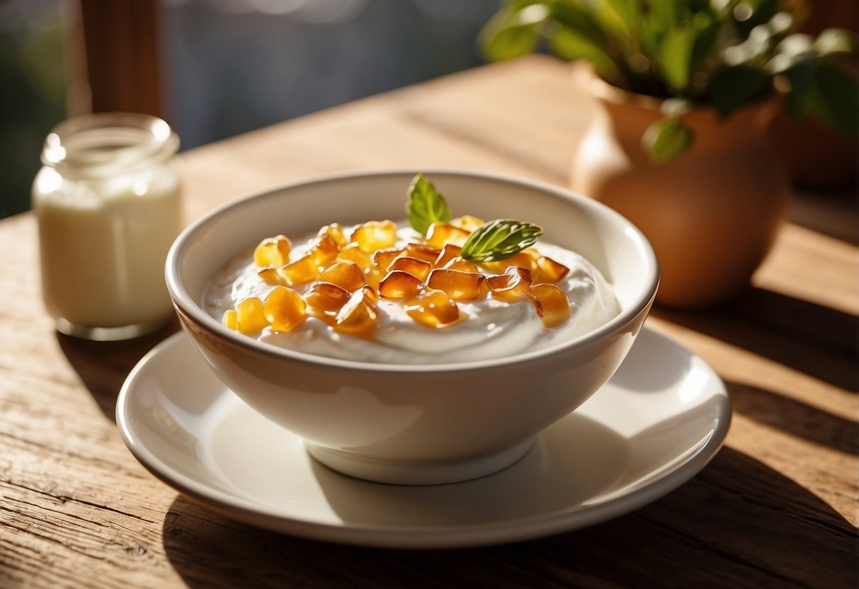 A bowl of Greek yogurt sits on a wooden table, drizzled with golden honey. Sunlight streams in through a window, casting a warm glow on the creamy breakfast