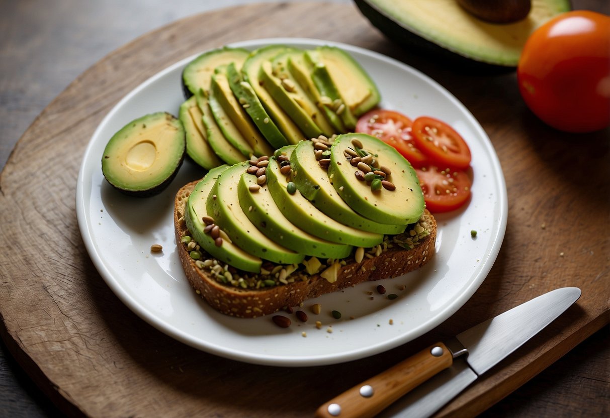 A plate with avocado toast on whole grain bread, surrounded by ingredients like tomatoes, seeds, and herbs. A yoga mat and water bottle nearby