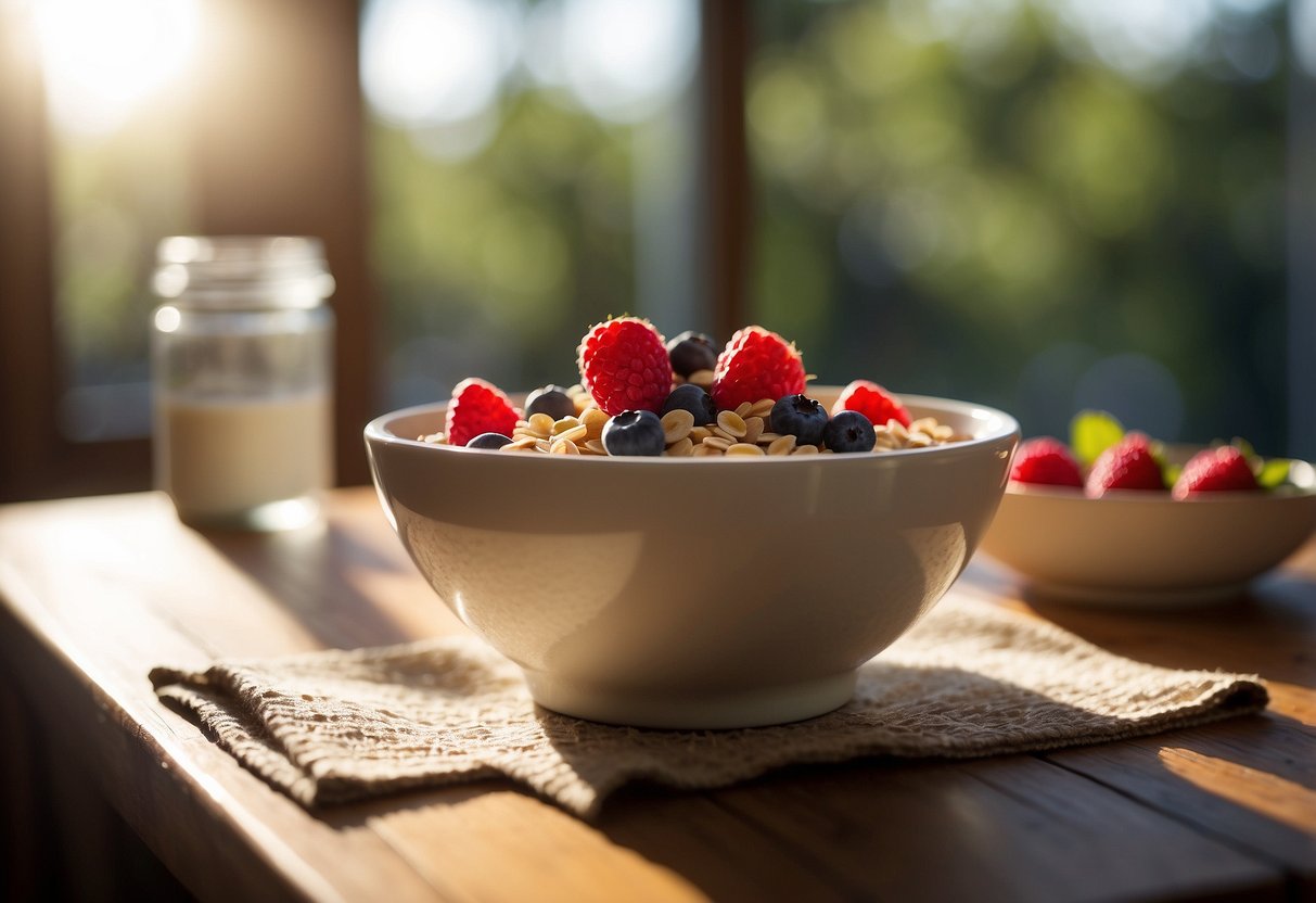 A bowl of oatmeal topped with fresh berries sits on a wooden table, surrounded by a yoga mat, water bottle, and morning sunlight streaming through a window