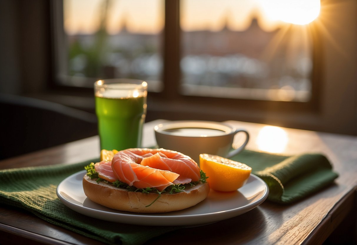 A whole wheat bagel topped with smoked salmon sits on a plate next to a cup of green tea. A yoga mat and water bottle are nearby. Sunrise streams in through a window, casting a warm glow on the scene