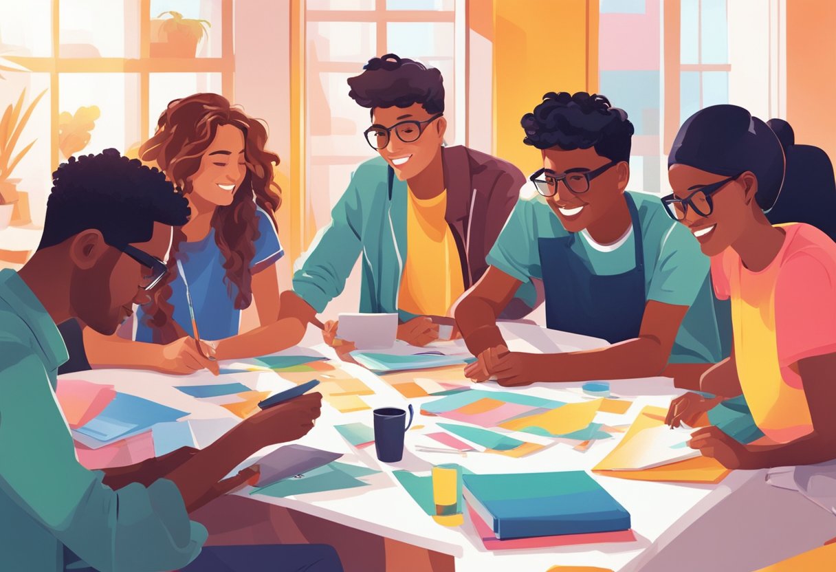 A group of young people gather around a table, exchanging ideas and working on a project together. Bright colors and energetic expressions convey a sense of enthusiasm and creativity