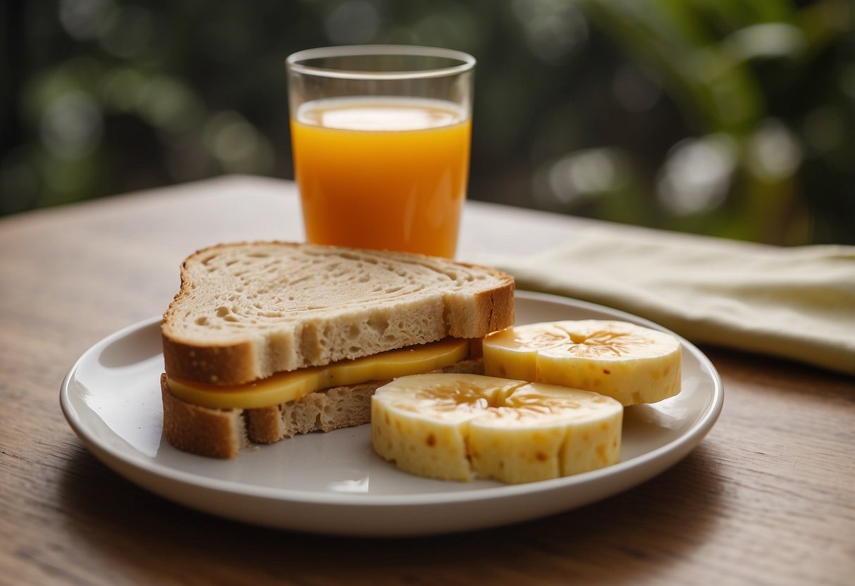 A peanut butter and banana sandwich sits on a plate next to a glass of orange juice, with a yoga mat in the background