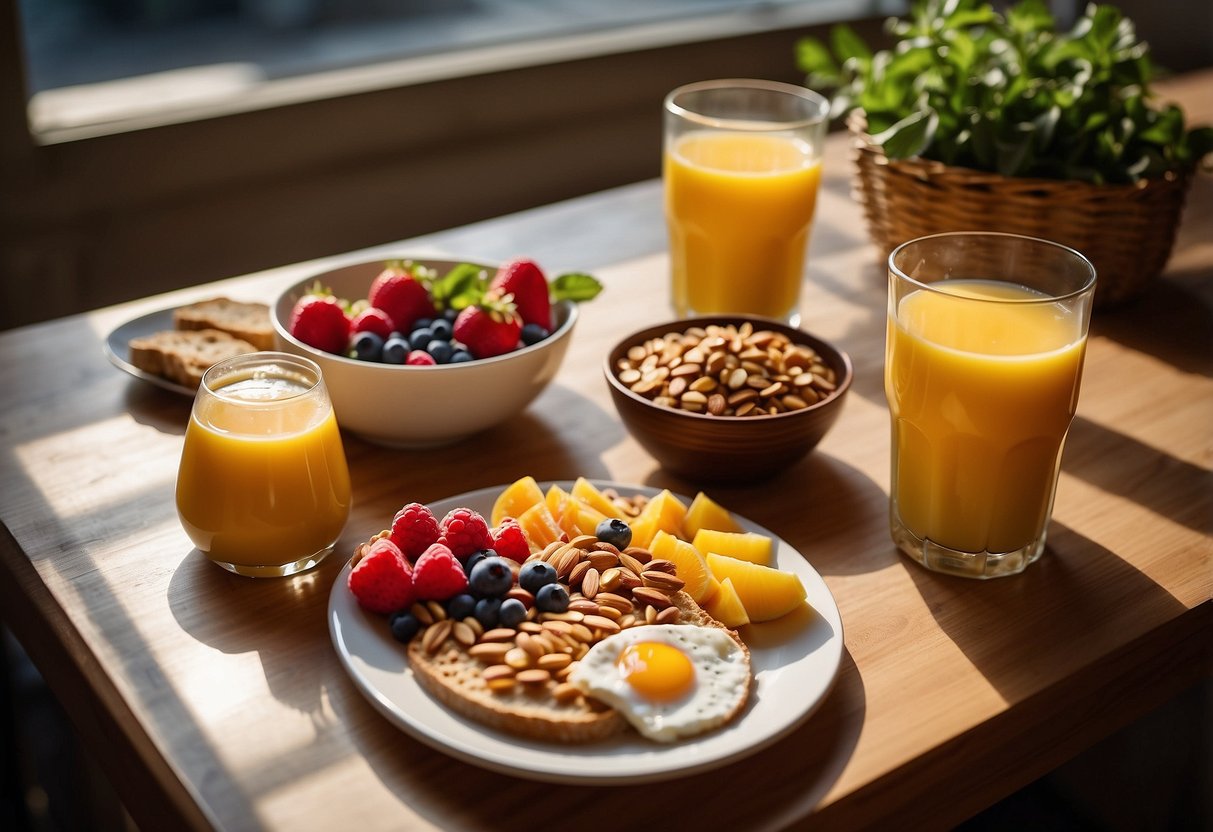 A table set with a variety of healthy breakfast options, including fruits, nuts, yogurt, and whole grain toast. Sunlight streams in through a window, creating a warm and inviting atmosphere