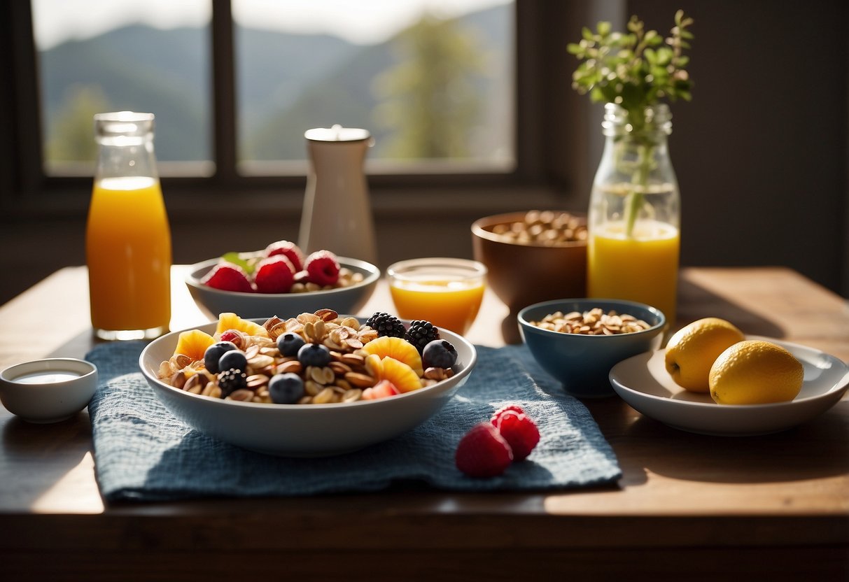 A table set with a variety of energizing breakfast foods, such as fruits, nuts, yogurt, and granola. A yoga mat and water bottle nearby. Sunrise streaming through a window