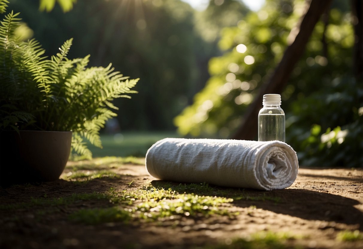 A serene outdoor yoga setting with a water bottle, towel, and lush greenery. Sunlight filters through the trees, creating dappled shadows on the ground. A sense of calm and tranquility permeates the scene