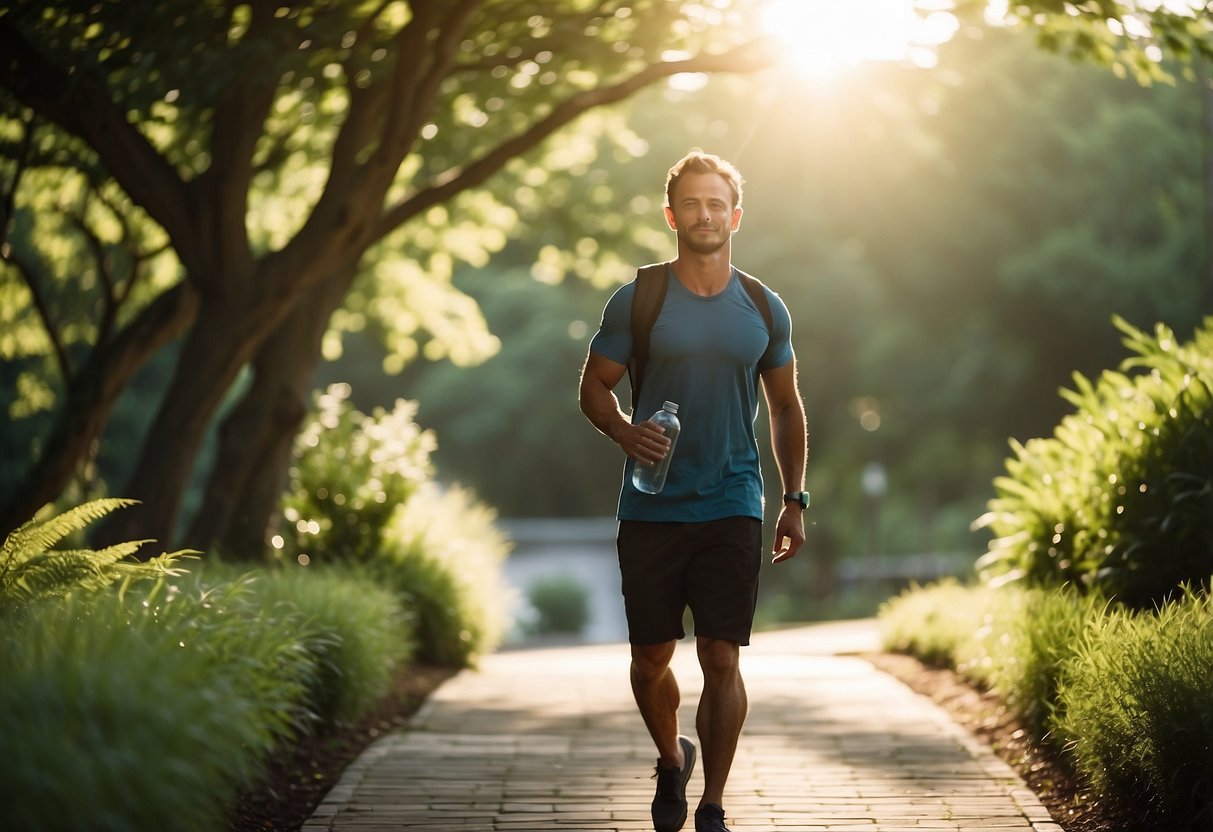 A person walks through a serene outdoor yoga setting, carrying a water bottle. The sun shines down on lush greenery, creating a peaceful atmosphere