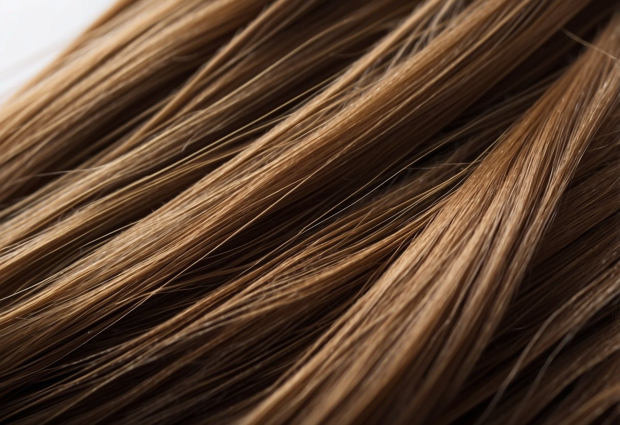 Micro-bead hair extensions causing damage to natural hair. Illustrate a close-up of hair strands with micro-beads attached, showing signs of damage