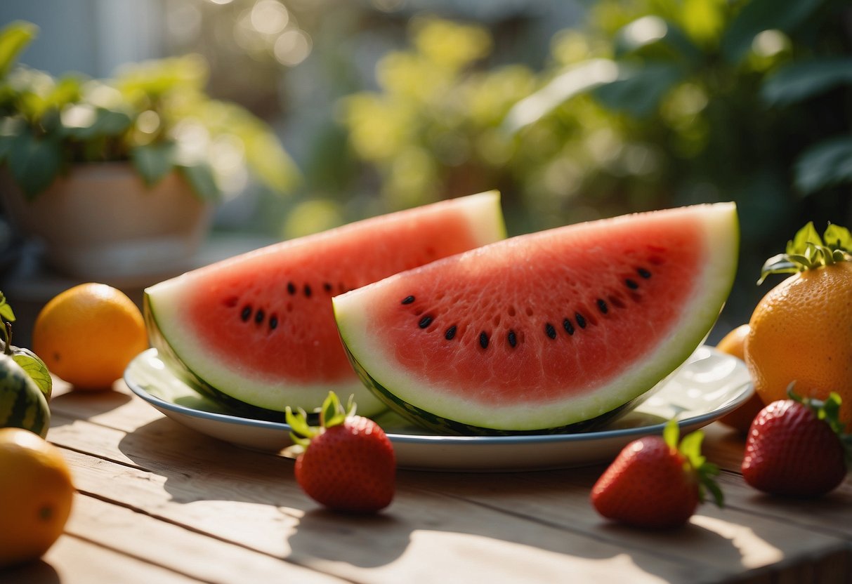 A watermelon slice on a plate, surrounded by other water-rich fruits like strawberries and oranges. Sunlight filters through the leaves of a potted plant in the background