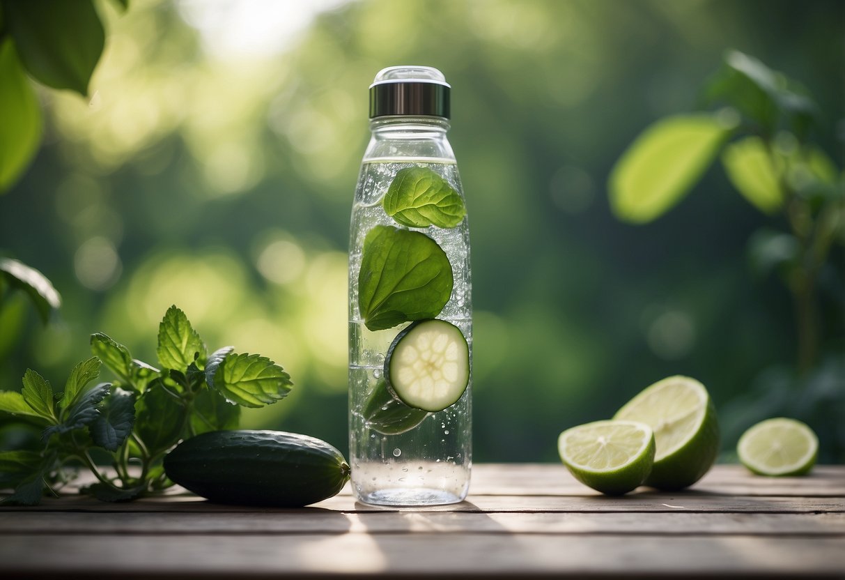 A clear water bottle with mint leaves and cucumber slices floating inside, set against a backdrop of outdoor yoga mats and greenery