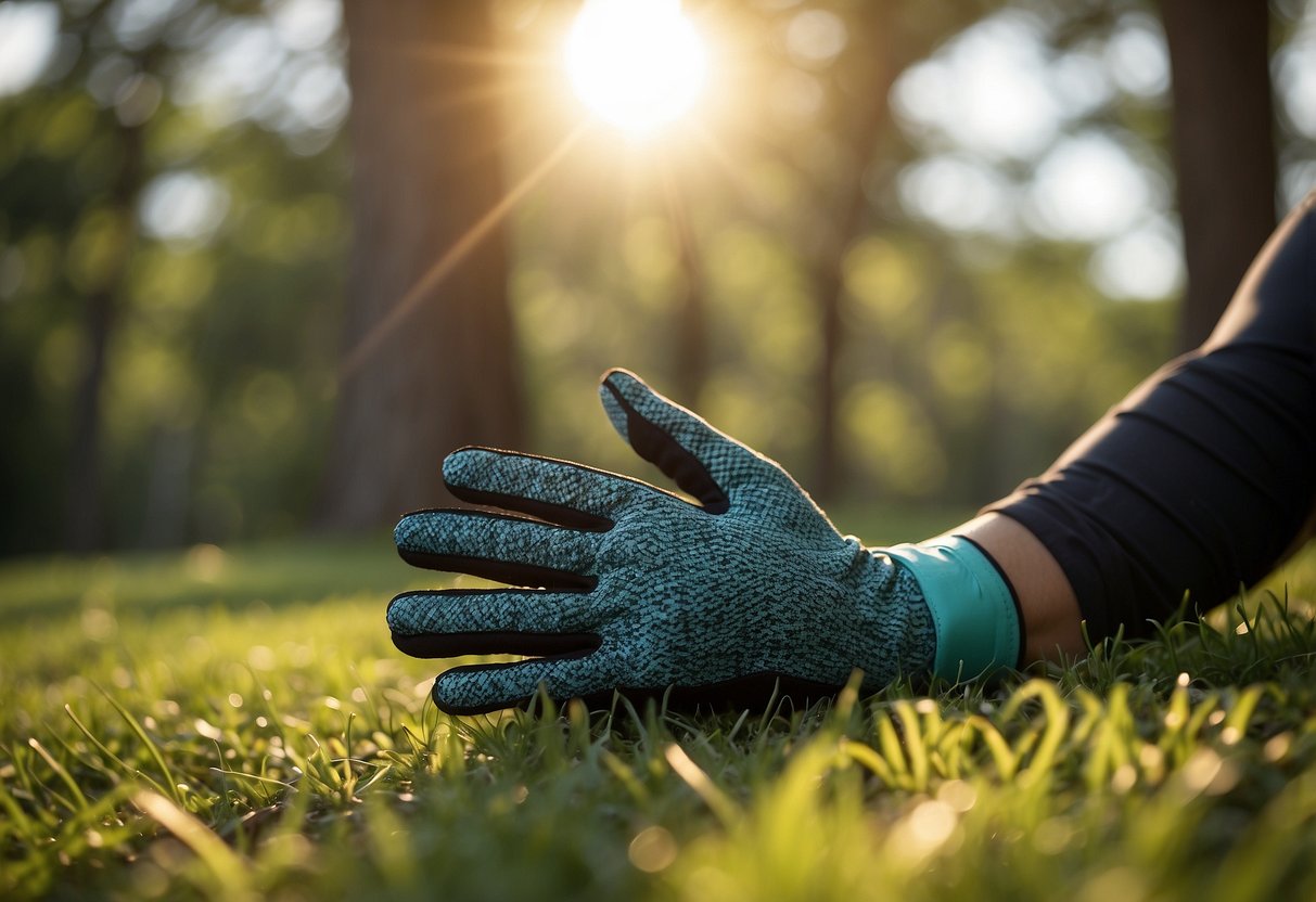 Yoga gloves displayed on a grassy outdoor setting with sunlight filtering through the trees, showcasing their durability and flexibility for outdoor practice