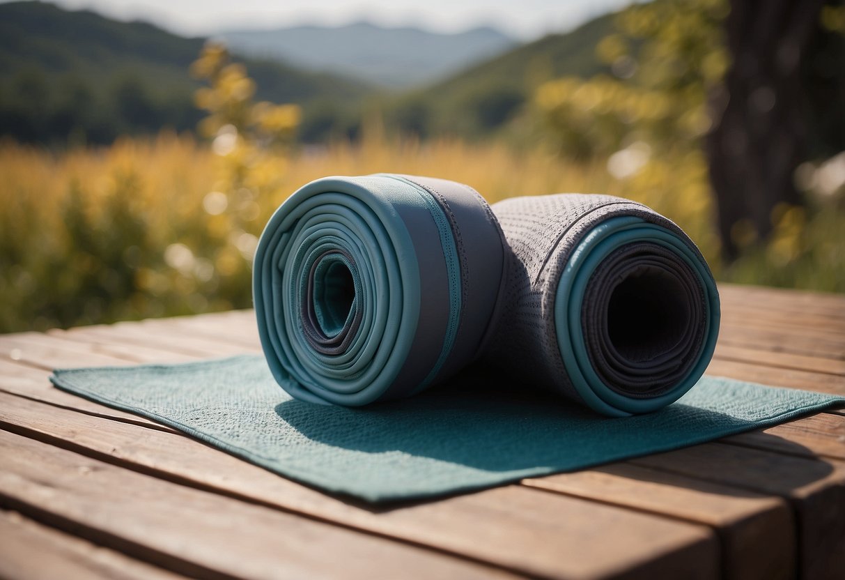 Yoga gloves on outdoor mat with natural scenery and sun shining