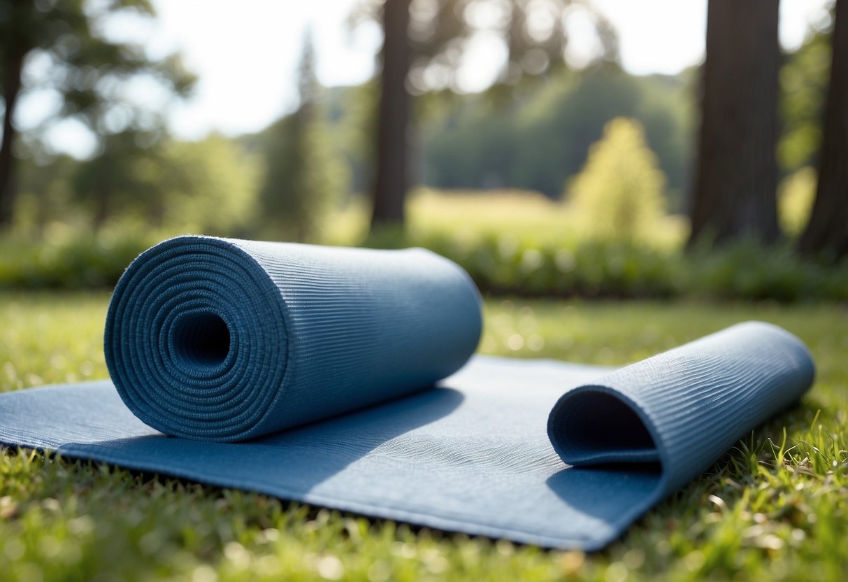 A serene outdoor setting with a yoga mat on the grass, surrounded by trees and a clear blue sky. YogaPaws SkinThin gloves rest on the mat, ready for use