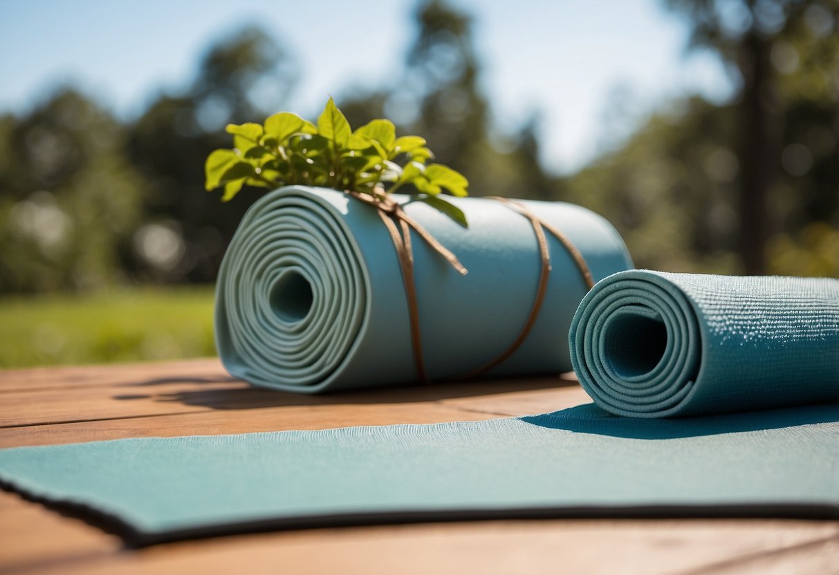 Bright outdoor setting with lush greenery and blue skies. Yoga mat and WAGs Pro Workout Gloves placed on the ground. Peaceful and serene atmosphere for outdoor yoga practice