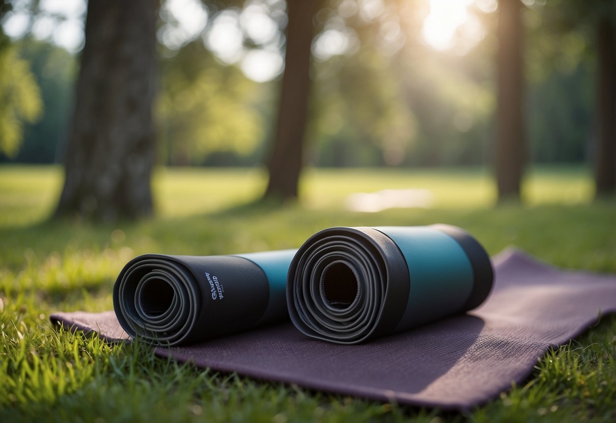 A pair of ProSource Fit Yoga Gloves lying on a grassy outdoor yoga mat, surrounded by trees and a tranquil natural setting