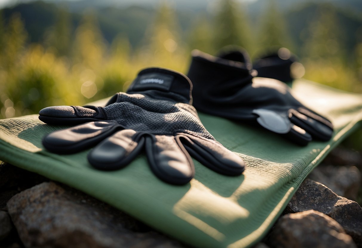 A pair of GripPowerPads Non-Slip Yoga Gloves lying on a yoga mat outdoors, surrounded by natural elements like grass, rocks, and sunlight