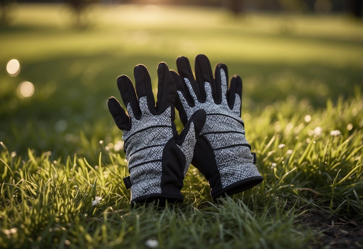 Yoga gloves on grass with trees in the background, under the open sky. Sunshine and fresh air enhance outdoor practice