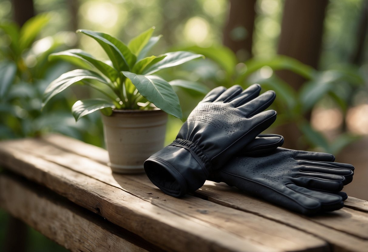 A serene outdoor setting with yoga gloves placed on a natural surface, surrounded by greenery and sunlight