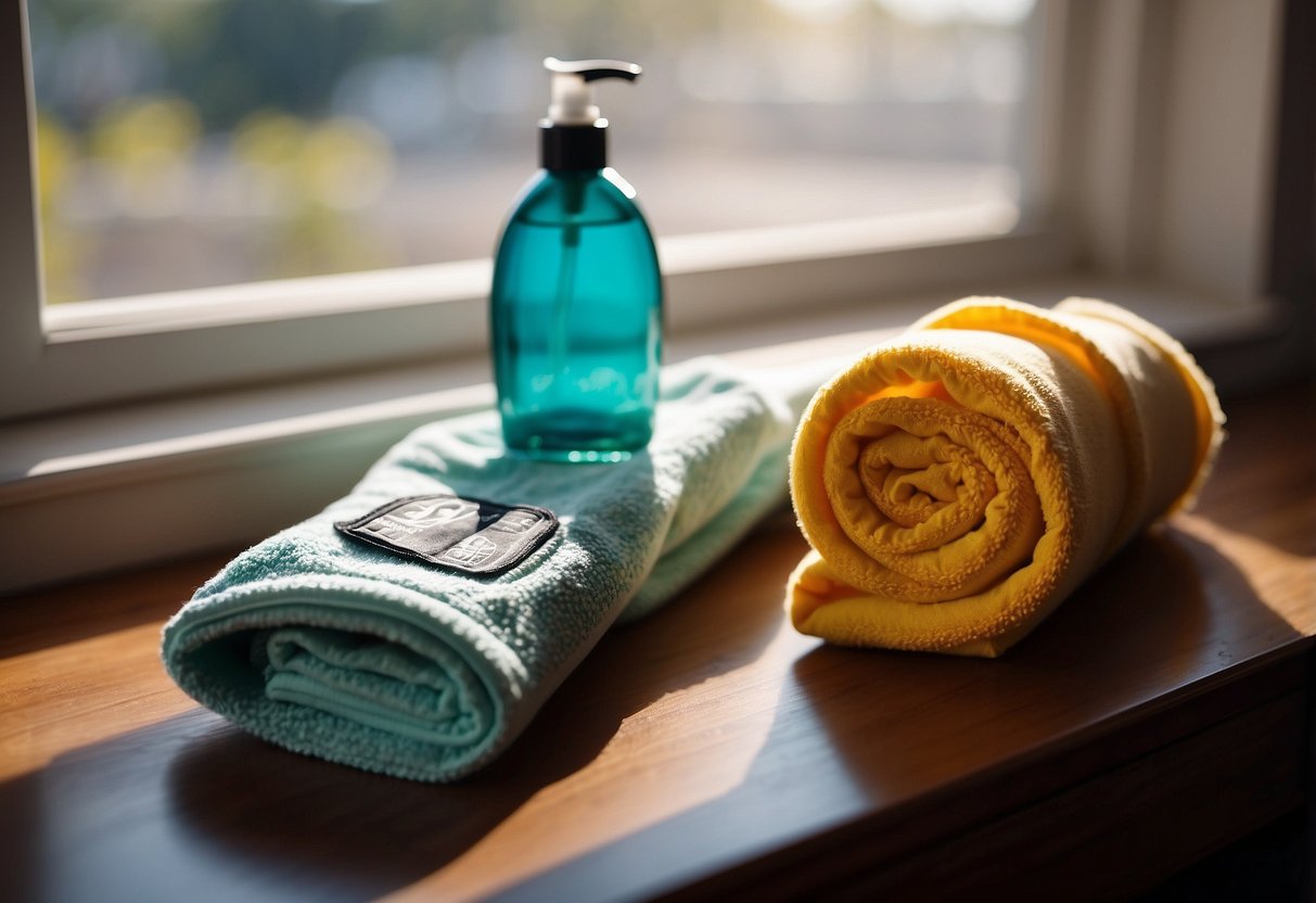 Yoga gloves laid out on a clean surface, with a bottle of gentle detergent, a soft brush, and a towel nearby. Sunshine streaming in through a nearby window