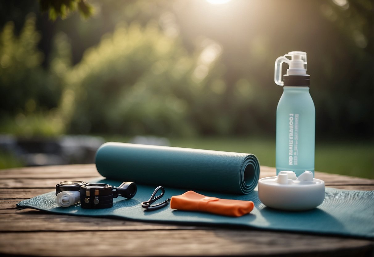 A serene outdoor yoga setting with a yoga mat, water bottle, first aid kit, sunscreen, insect repellent, bandages, antiseptic wipes, tweezers, scissors, and a whistle