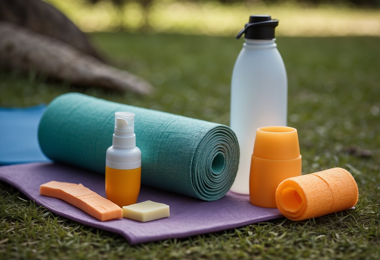 A colorful assortment of adhesive bandages arranged next to a water bottle, sunscreen, and other first aid items on a yoga mat in a natural outdoor setting