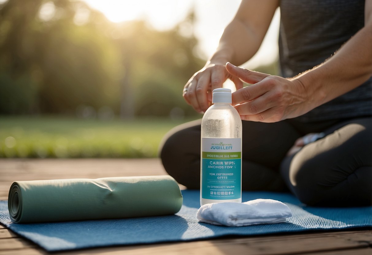 A hand reaches for antiseptic wipes among yoga mat, water bottle, bandages, and other first aid items in outdoor setting