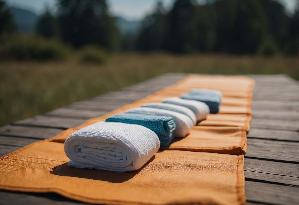 Sterile gauze pads arranged neatly with other first aid items on an outdoor yoga mat