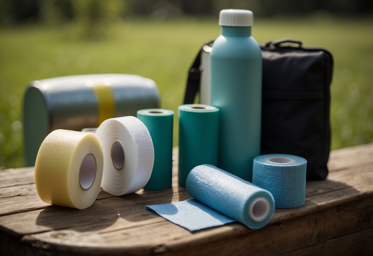 A roll of medical adhesive tape sits next to a first aid kit, surrounded by outdoor yoga props like a yoga mat, water bottle, and sunscreen