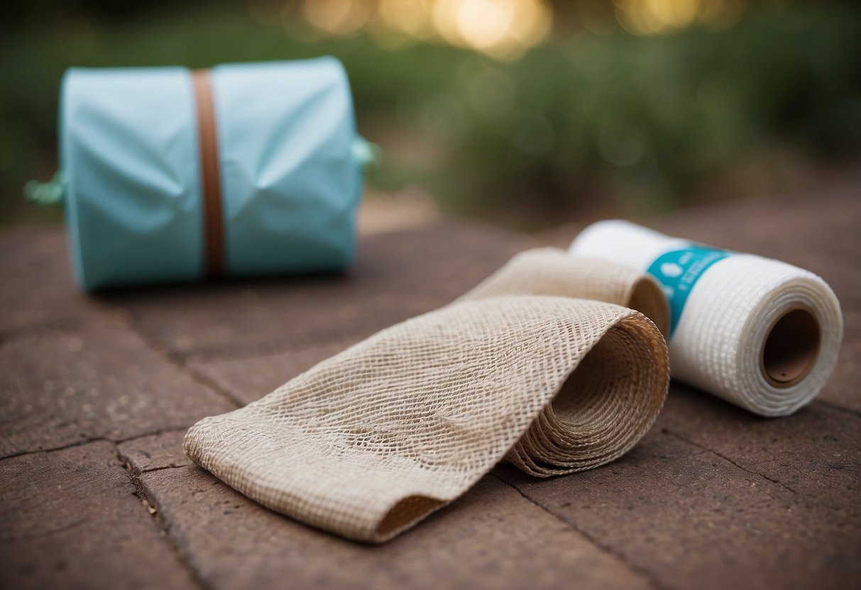 A roll of elastic bandage lies next to other first aid items on a yoga mat outdoors