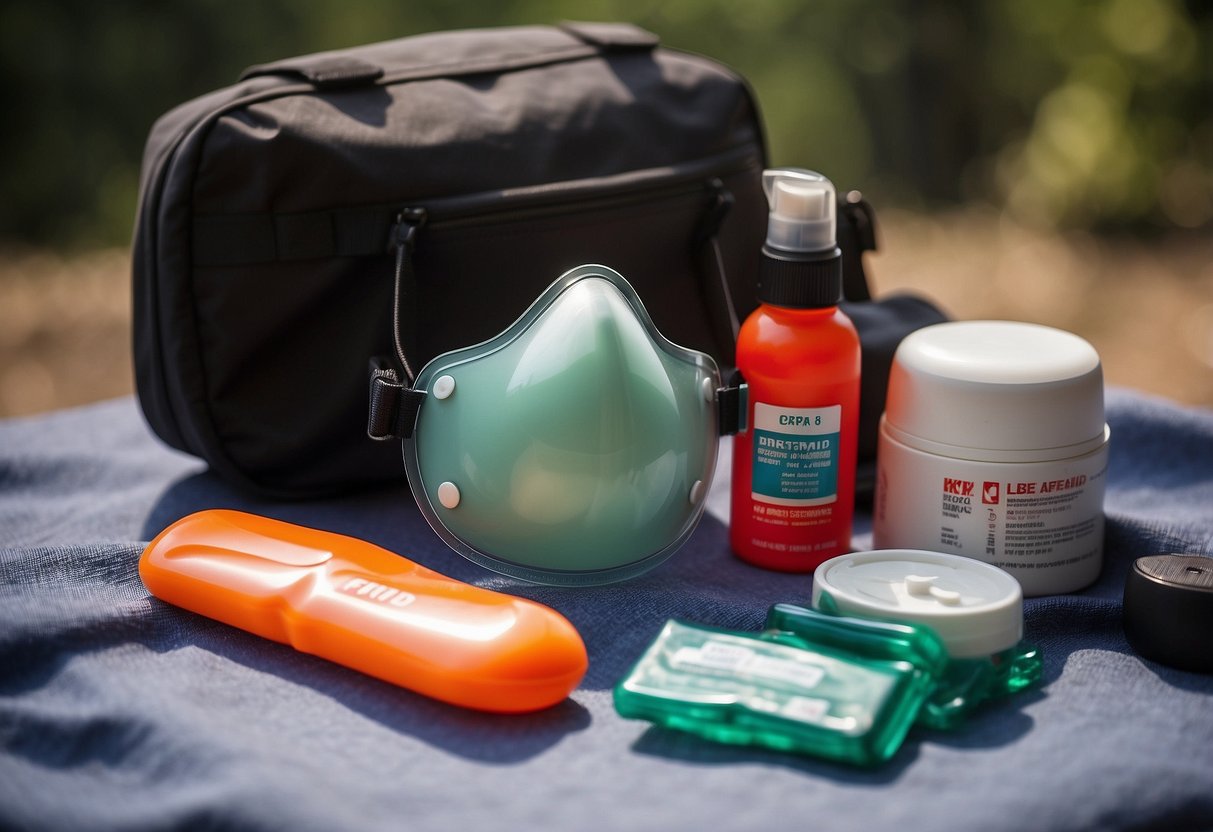 A CPR face shield surrounded by essential first aid items for outdoor yoga