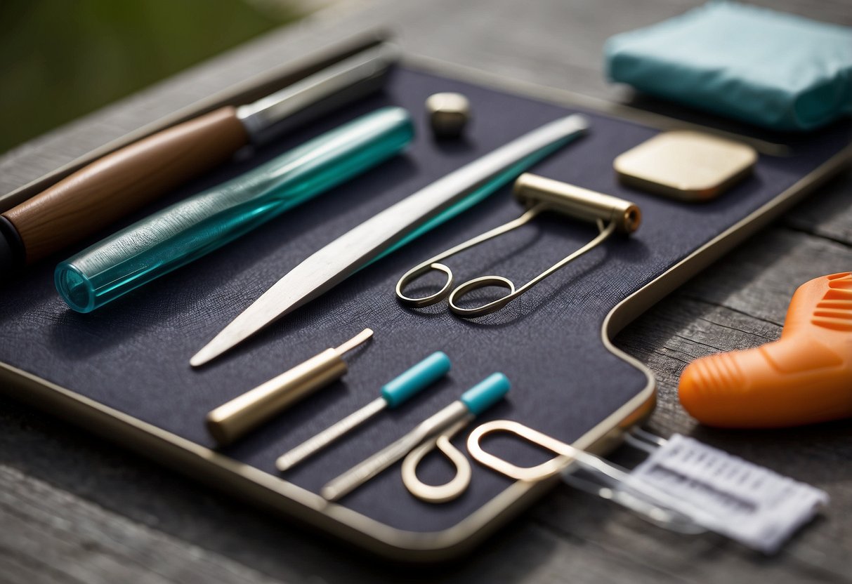 A pair of tweezers sits among 10 essential first aid items for outdoor yoga. The items are neatly arranged on a clean, flat surface, ready for use