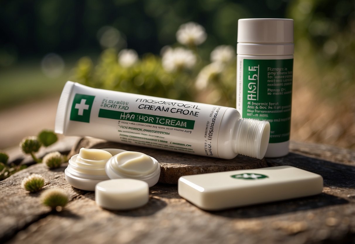 A tube of hydrocortisone cream sits among 10 essential first aid items for outdoor yoga