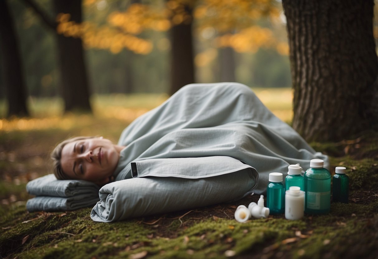 A person lying on the ground with a thermal blanket draped over them, surrounded by essential first aid items for outdoor yoga