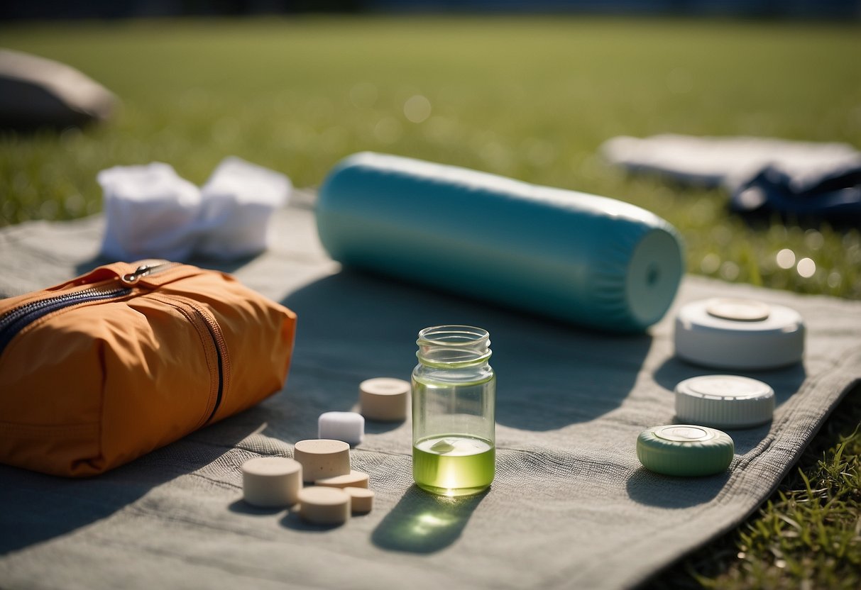 A serene outdoor yoga session with essential first aid items laid out neatly on a mat. Sunscreen, bandages, water, and a first aid kit are visible