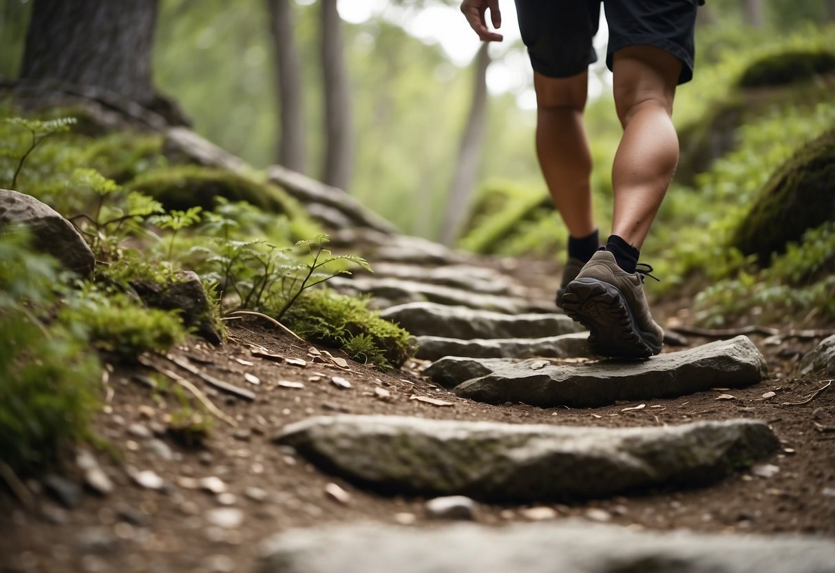 A hiker navigates a rocky trail, carefully placing each step. The uneven surface requires balance and focus. Trees and bushes line the path, adding to the natural, outdoor setting