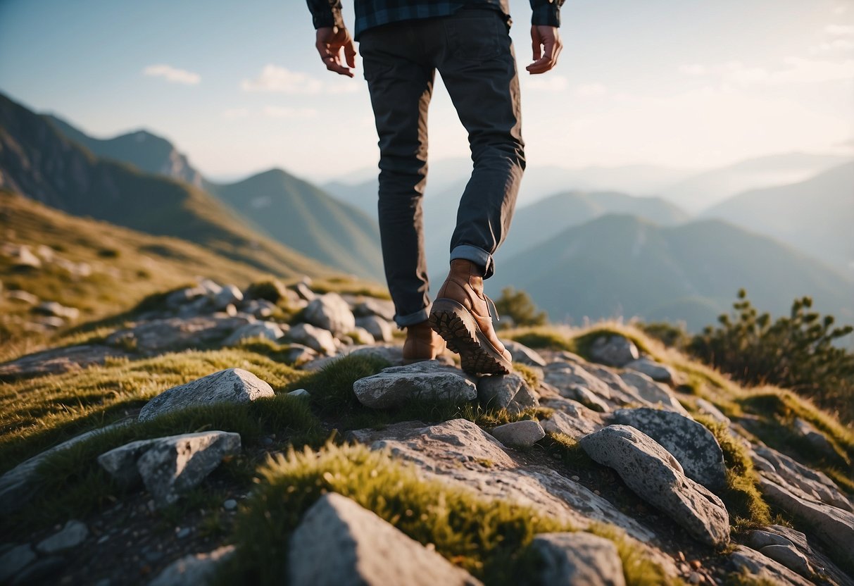 A person standing on a rocky trail, knees slightly bent. Uneven ground with grass and rocks. Trees and mountains in the background