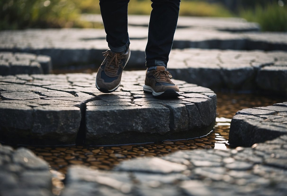 A person walks carefully on uneven ground, stepping on flat surfaces to maintain balance. Twisting paths and rocky terrain surround them